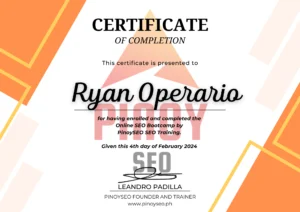 Pinoy SEO Bootcamp Certificate